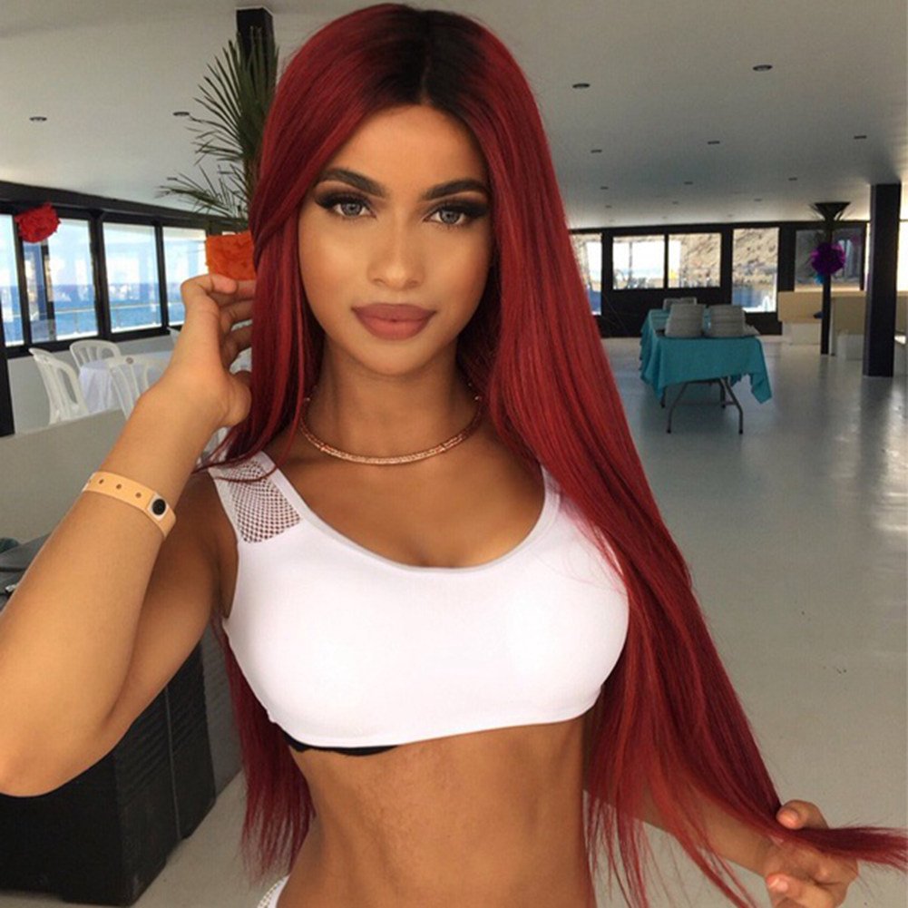 Price:$19.99    MISSWIG Ombre Color Cosplay Wigs Wine Red Long Straight Wig Hair 100% Kanekalon Synthetic Heat Resistant  Beauty
