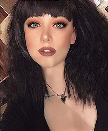 Price:$15.99    eNilecor Short Fluffy Bob Kinky Straight Hair Wigs with Bangs Synthetic Heat Resistant Women Fashion Hairstyles Custom Cosplay Party Wigs + Wig Cap?Black)  Beauty