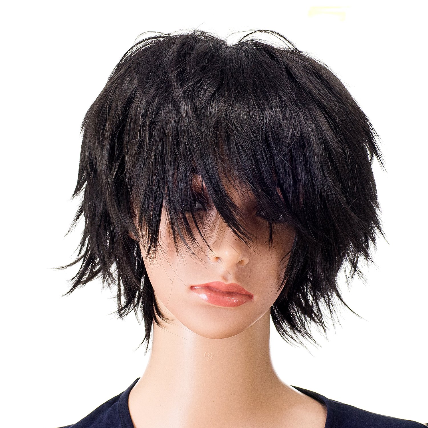 Price:$9.99    SWACC Unisex Fashion Spiky Layered Short Anime Cosplay Wig for Men and Women (1B-Off Black)  Beauty