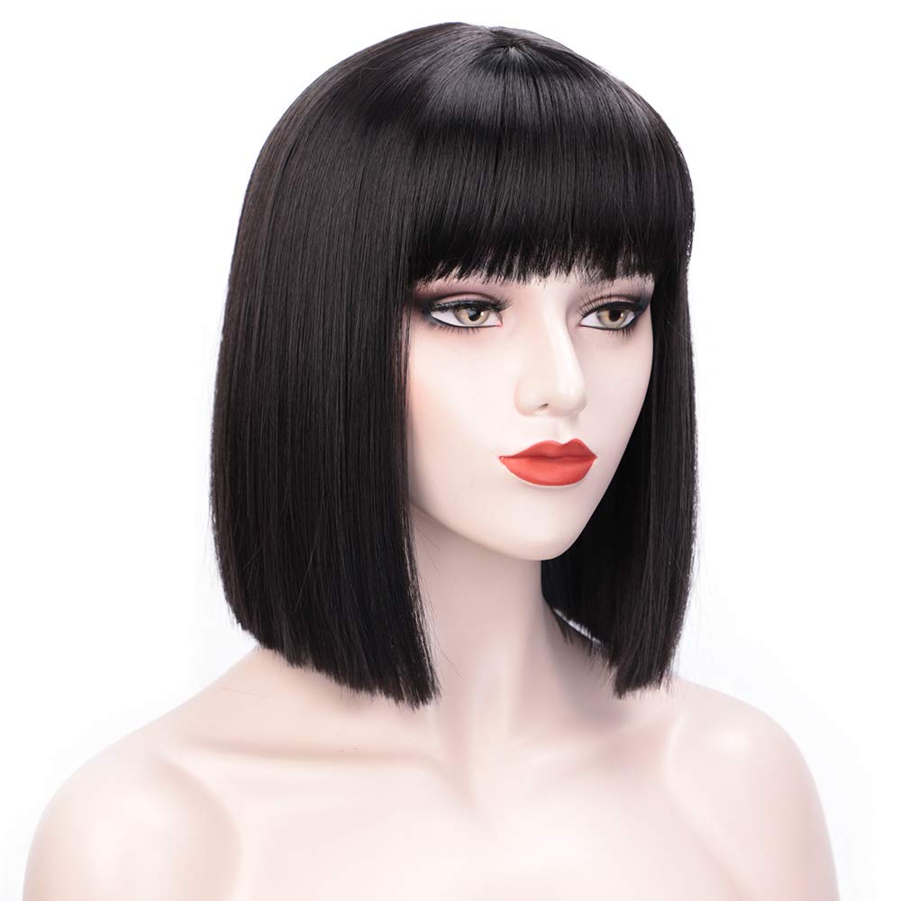 Price:$15.99    ENTRANCED STYLES Short Straight Black Bob Wigs with Flat Bangs Synthetic Colorful Cosplay Daily Party Wig for Women  Beauty