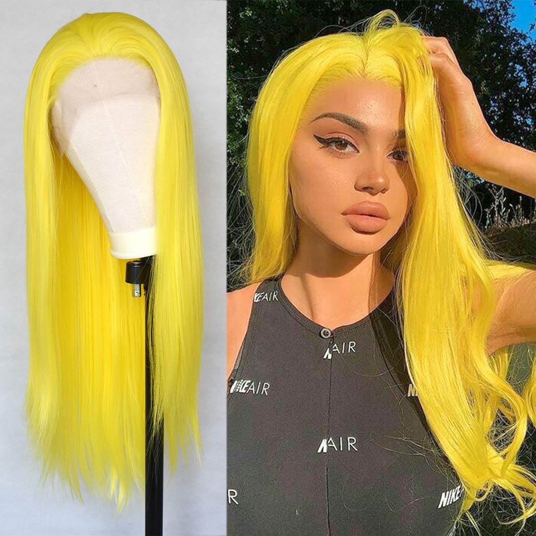 Price:$41.99     Luwigs Yellow Synthetic Lace Front Wigs Natual Straight Hair Wigs Heat Resistant for Women Girls Fashion Ginger Yellow Half Hand Tied 22inches   Beauty