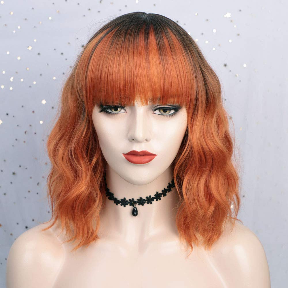 Price:$17.99     Nnzes Short Wavy Bob Wigs with Bangs for Women Ombre Orange Shoulder Length Bob Curly Women's Synthetic Wigs Natural Looking Black To Orange 14 Inches Heat Resistant Fiber Hair   Beauty