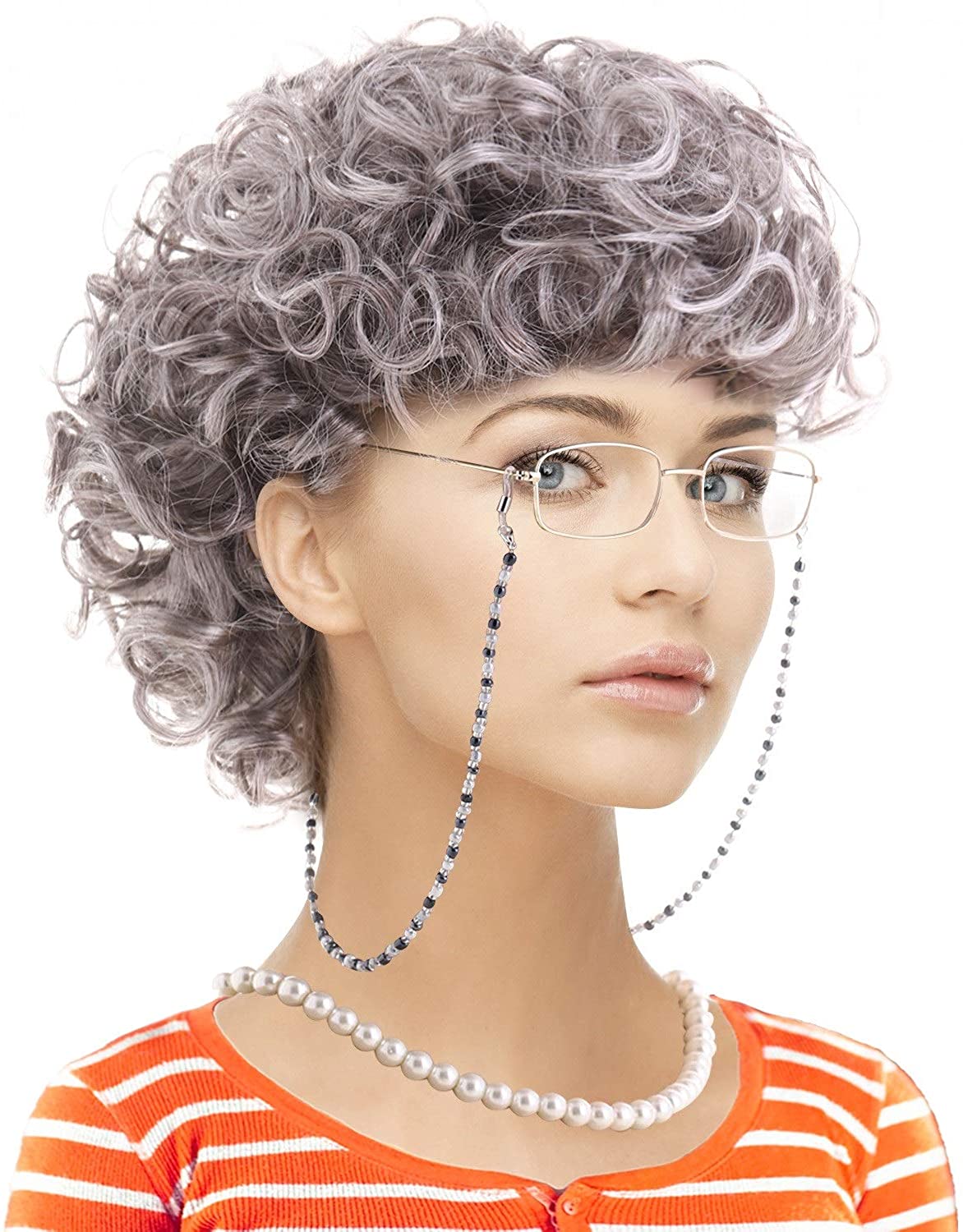 Price:$12.99    Old Lady Costume Set-Grandmother Wig,Wig Caps,Madea Granny Glasses, Eyeglass Retainer Chain,Pearl Necklace(5 Pieces) Fits All  Clothing