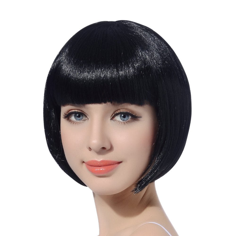 Price:$9.99    Black Short Bob Cosplay Flapper Wig-Synthetic Costume Women's Natural Looking Halloween Party Christmas Bangs Wigs  Beauty