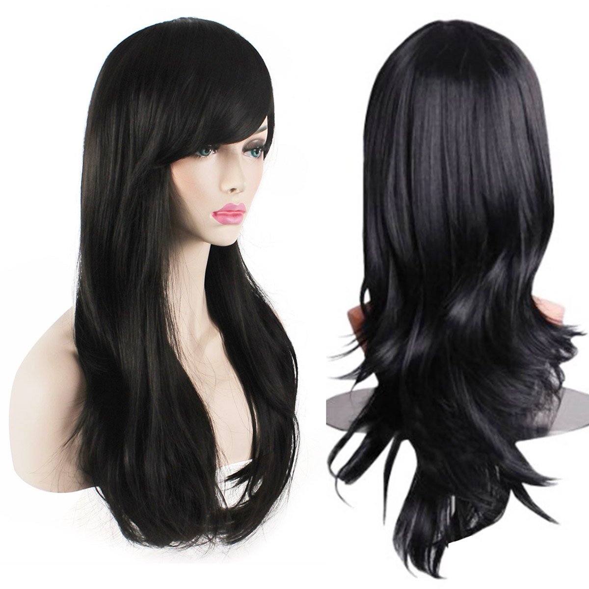 Price:$12.85    AKStore Women’s Heat Resistant 28-Inch 70cm Long Curly Hair Wig with Wig Cap, Black  Beauty