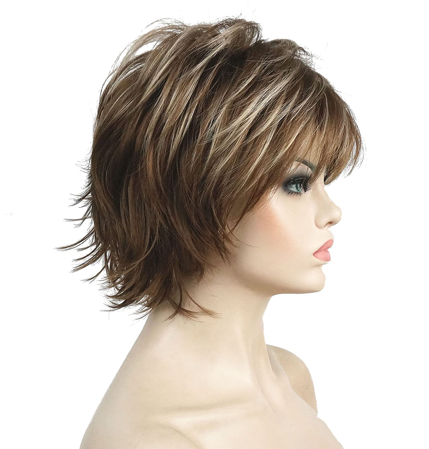 Price:$20.99    Lydell Short Layered Shaggy Full Synthetic Wig Wigs 12TT26 Brown Highlights  Beauty