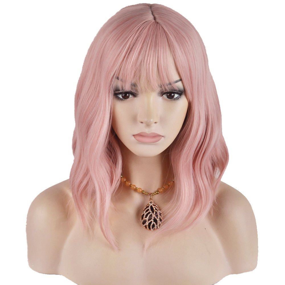 Price:$16.99     BERON 14'' Short Curly Women Girl's Charming Synthetic Wig with Air Bangs Wig Cap Included (Lovely Pink)   Beauty