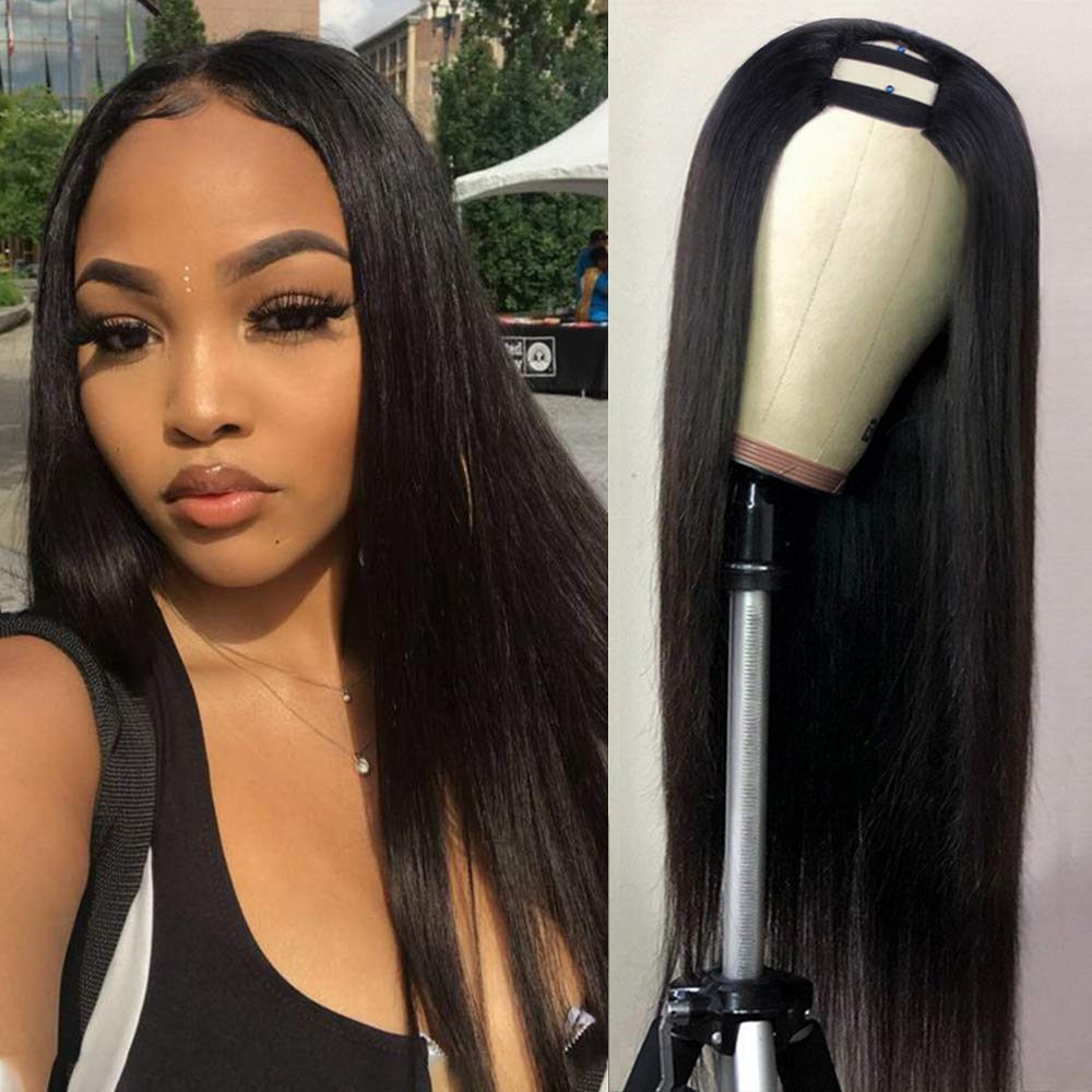 Price:$62.99     Nvnvdij U Part Wigs Straight Brazilian Virgin Human Hair 2''x 4'' U Shape Glueless Wigs 150% Density Natural Black With Straps Combs For Black Women(18inch, Straight Wig)   Beauty