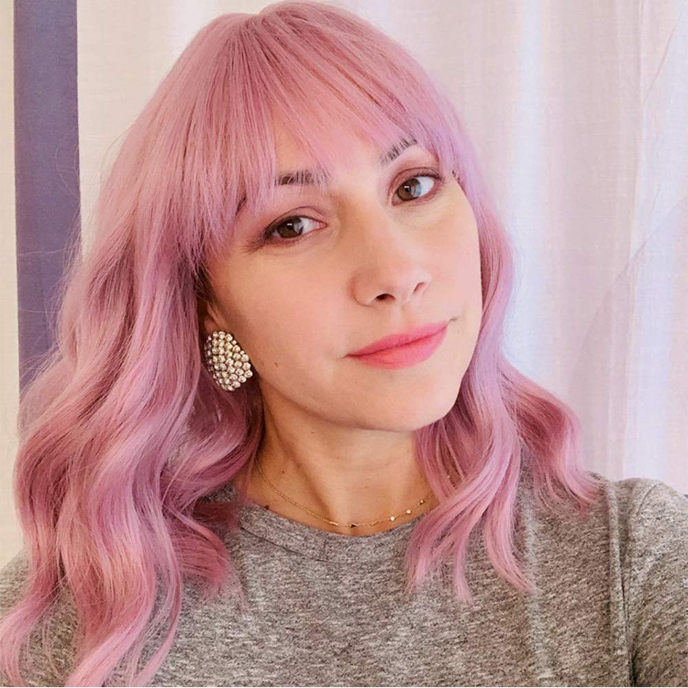 Price:$15.99     RuiSi 14'' Pink Wig Air Bangs Wavy Hair Long Wig Women Girls Charming Synthetic Wig with a Hair Net   Beauty