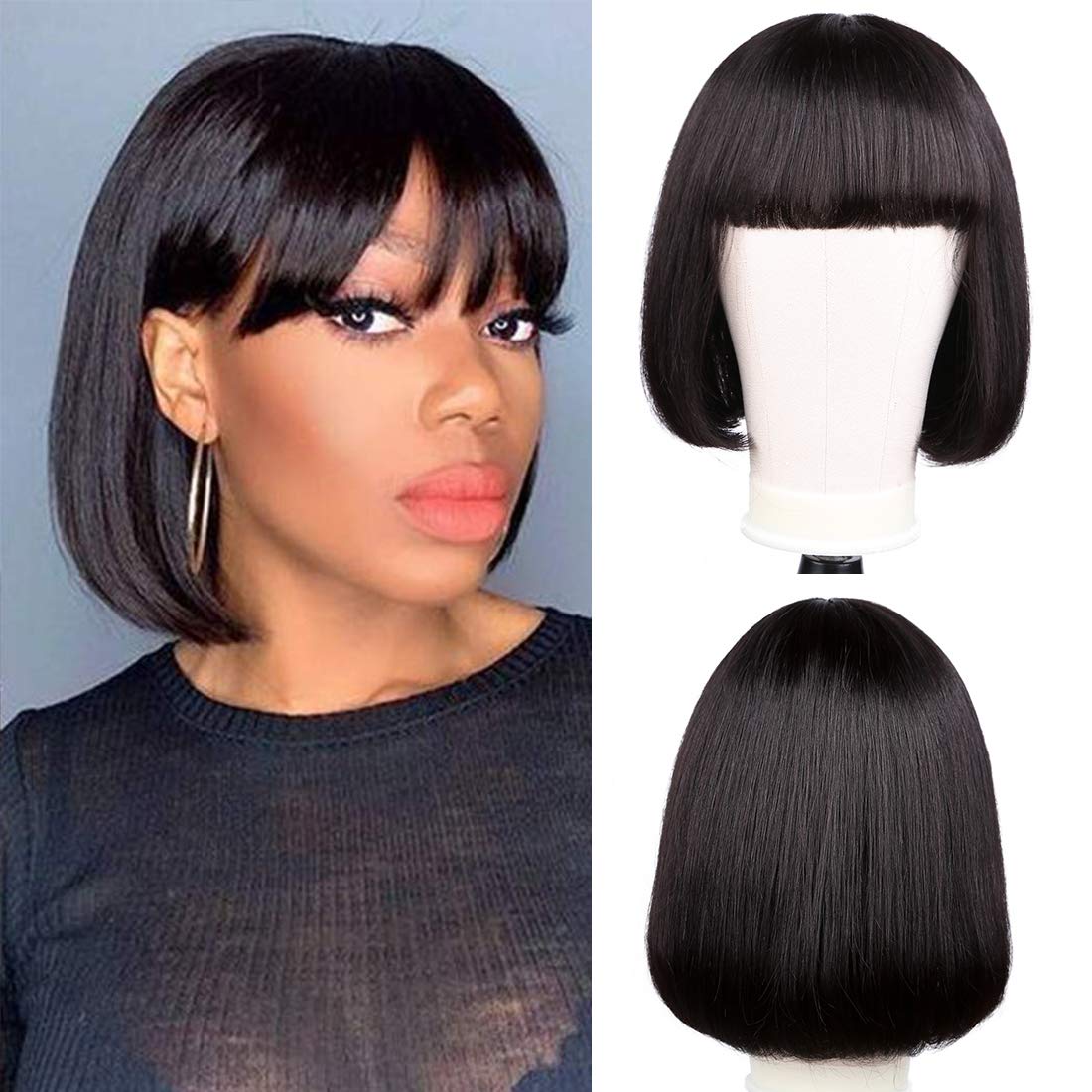 Price:$28.17     Human Hair Wigs With Bangs Short Bob Wig 8 Inch Straight Hair Brazilian Hair Wigs Natural Color No Lace Human Hair Wigs For Black Women Machine Made Wigs With Bangs   Beauty