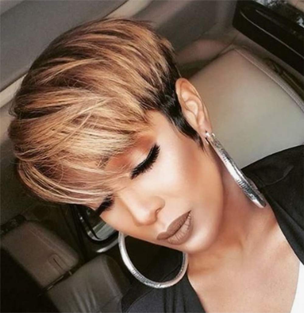 Price:$22.95     Usexy Hair Short Human Hair Pixie Cut Wigs Brazilian Straight Hair Wigs for Black Women Human Hair Wig With Bangs（1b30 Color）   Beauty
