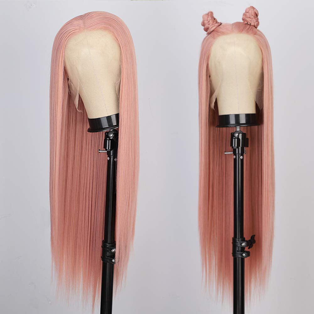 Price:$37.99     Pink Wig Synthetic Lace Front Wigs for Women Long Straight Peach Pink Wig Heat Resistant Glueless Lace Wig Middle Part Mixed Color Cosplay Wig 30 Inch   Beauty