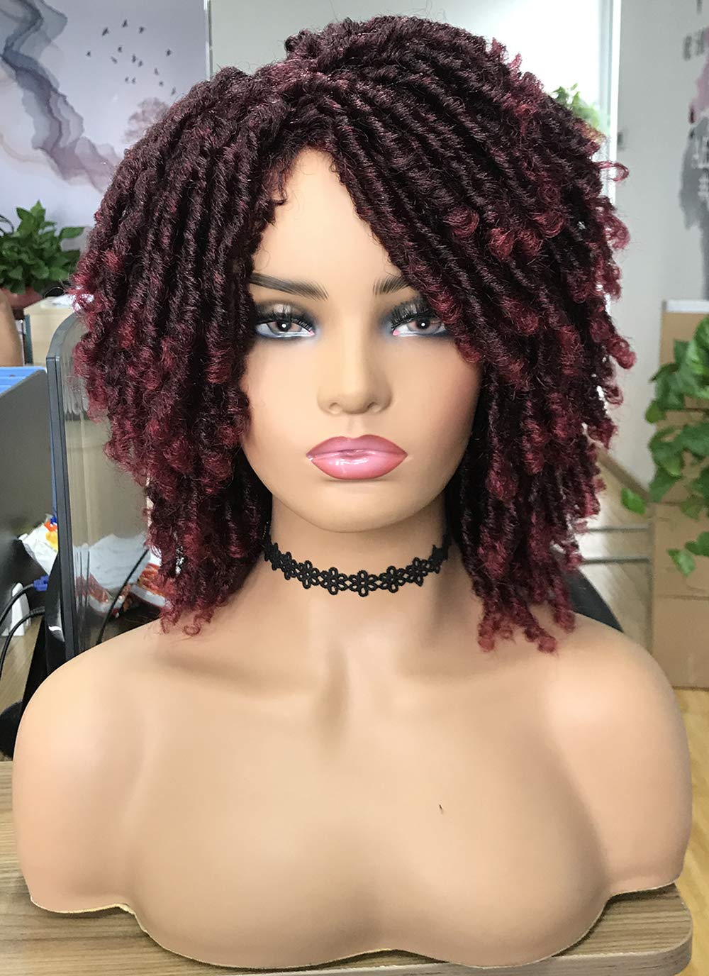 Price:$27.99     Lizzy Short Dreadlock Wig Twist Wigs for Black Women Short Curly Wig Synthetic Braided Faux Locs Crochet Hair Afro Wigs (Color  1B/99j)   Beauty