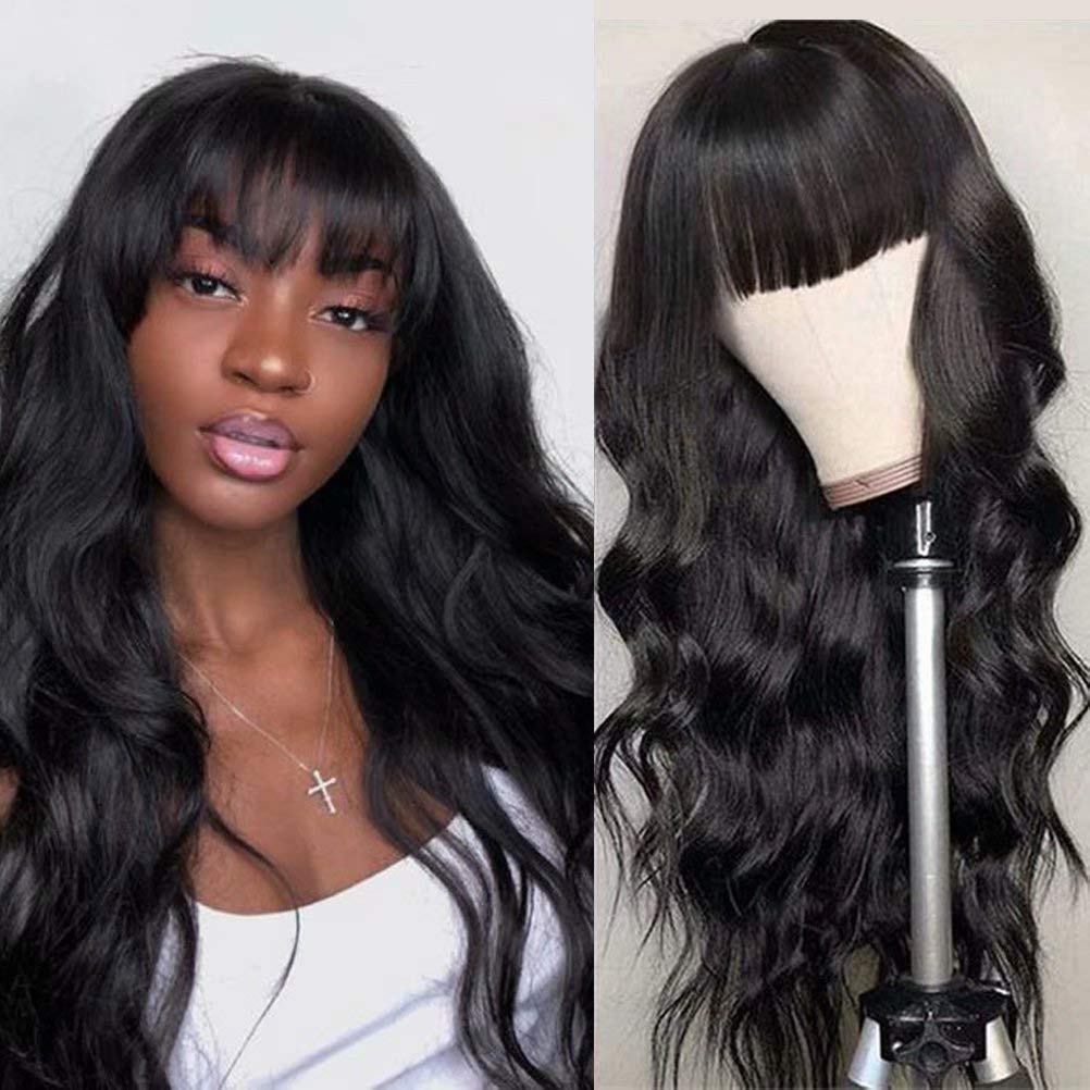 Price:$46.89     Human Hair Wigs with Bangs for Black Women Brazilian Virgin Hair Wigs None Lace Front Wigs Glueless Machine Made Wigs for Women Natural Black Wigs for Women 130% Density（12" Body Wave Wigs）   Beauty