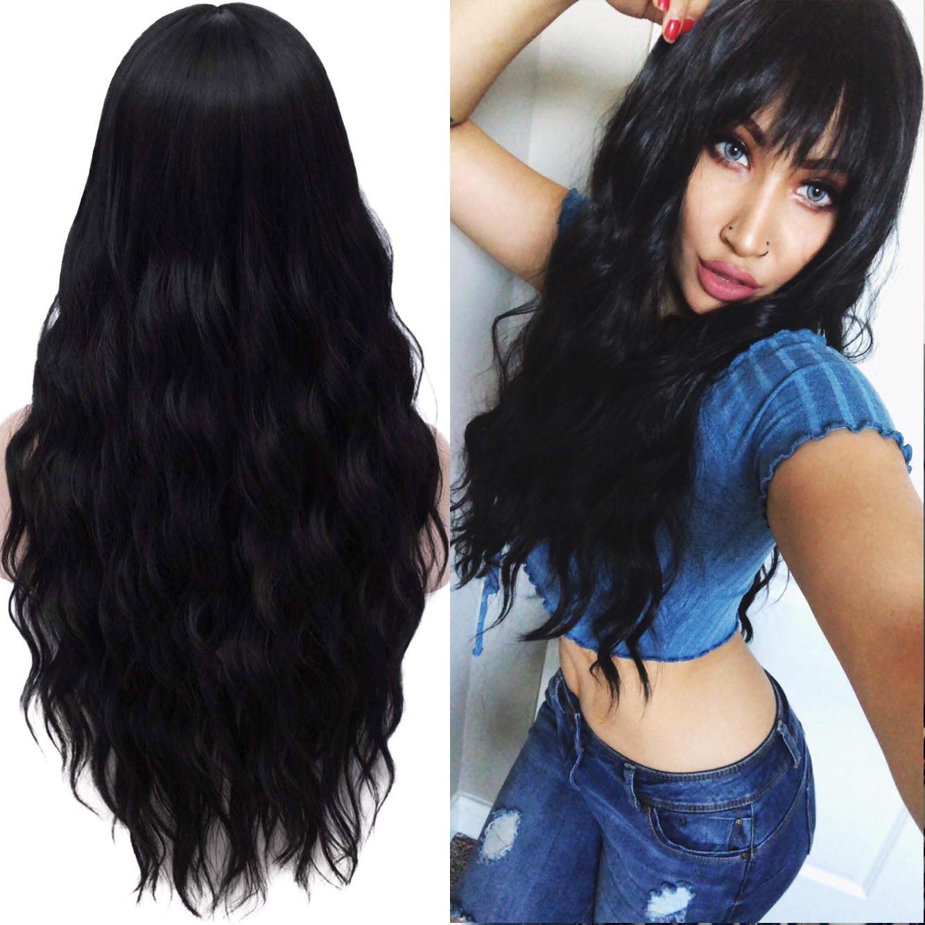 Price:$18.99     Women's Long Black Wig with Bangs 28inch Kinky Curly Body Wavy Hair Wigs for Girl Heat Friendly Synthetic Party Wig 030BK   Beauty