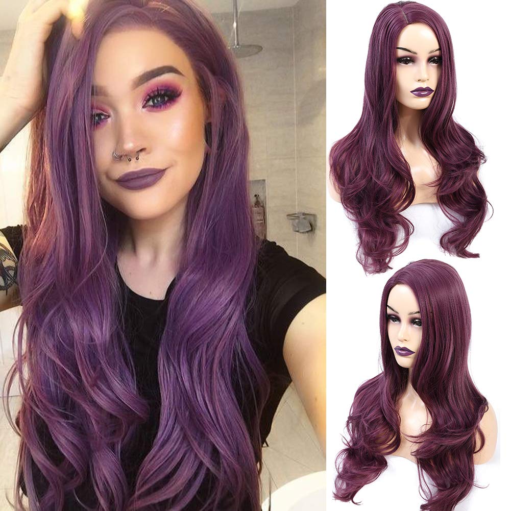 Price:$14.99     AZWIG Synthetic Wig Long Natural Wavy Replacement Hair Wigs Purple Wigs for Women Heat Resistant Fiber Hair Purple Color 22 Inches   Beauty