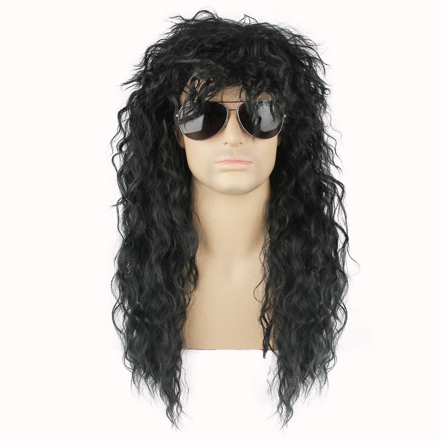 Price:$14.28     Jesban 80S Rocker Costume Wig Black Mens Long Curly Wigs Men’s 80’s Rock Star Heat Resistant Synthetic Fiber Wigs with Wig Cap (Black)   Beauty