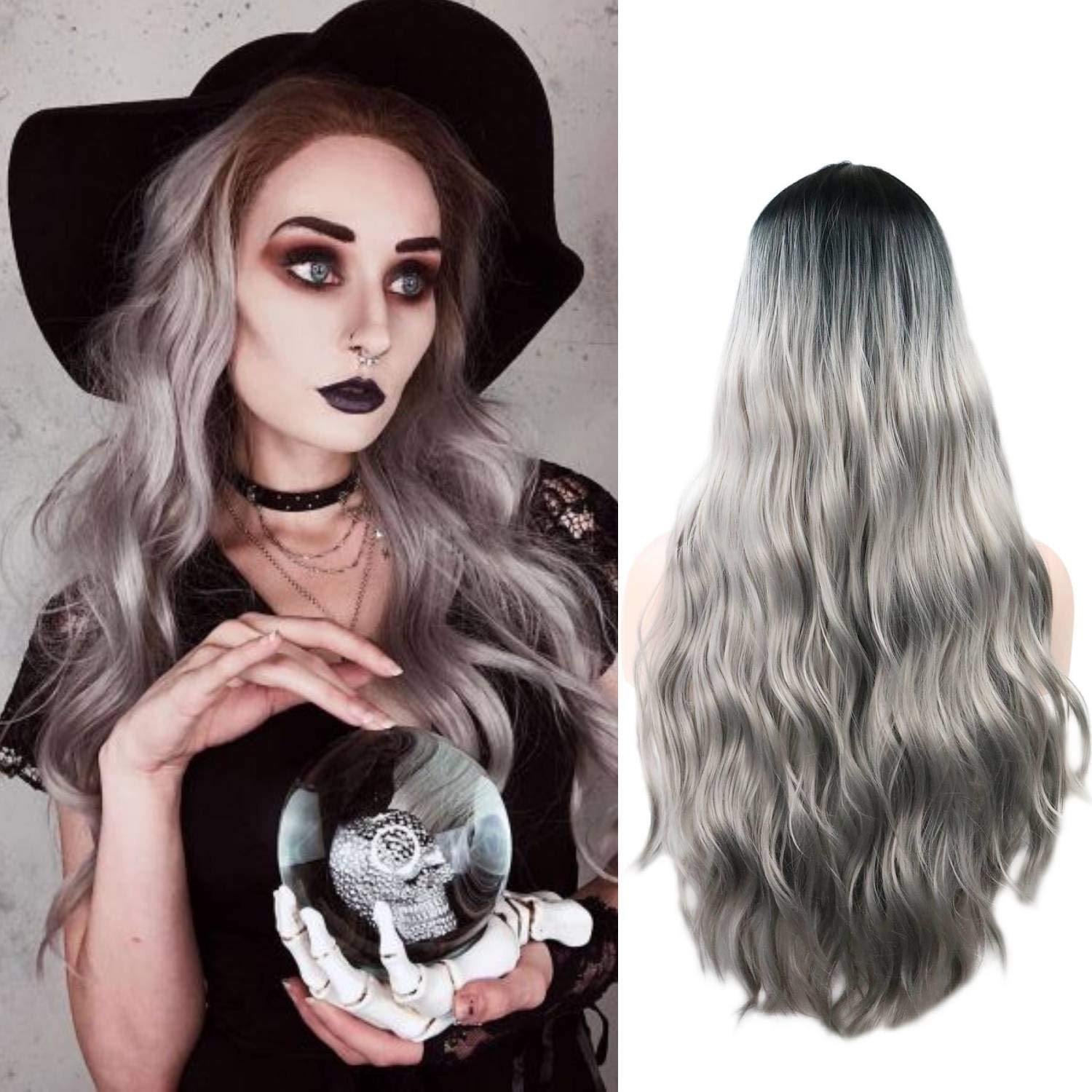 Price:$19.99     TopWigy Long Curly Silver Grey Wig 28 Inches Long Gray Wig for Women Synthetic Heat Resistant Middle Part Ombre silver Wig Dark Roots Long Wavy Wigs Cosplay Party Wig   Beauty