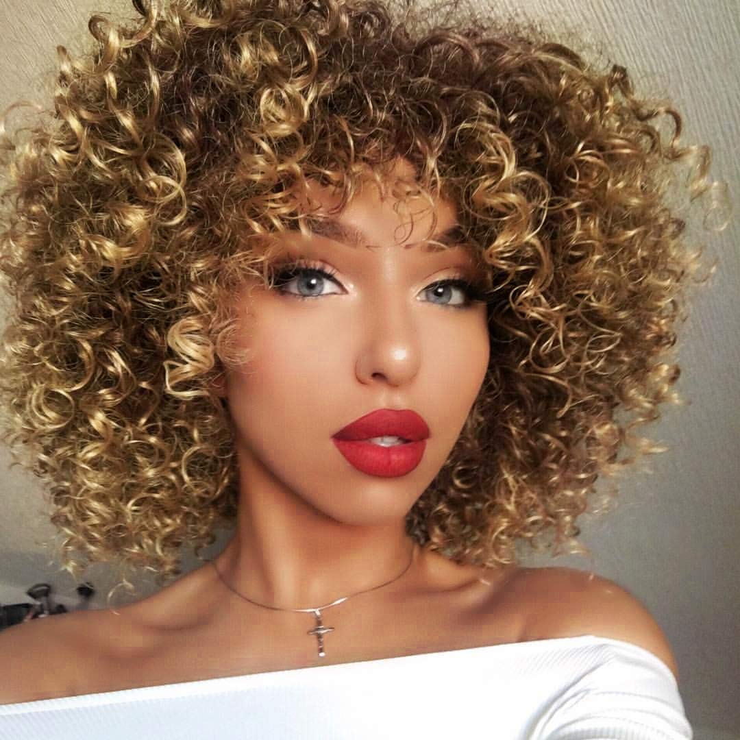 Price:$19.99    AISI QUEENS Afro Wigs For Black Women Short Kinky Curly Full Wigs Brown Mixed Blonde Synthetic Heat Resistant Wigs For African Women With Wig Cap  Beauty