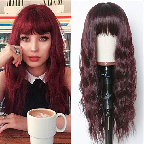 Price:$16.99     EVLYNN Red Wave Wigs With Air Bangs Heat Resistant Synthetic Fiber Hair 24 Inches Long Curly 99J Brown Glueless Wig Full Machine None Lace Front Wig   Beauty
