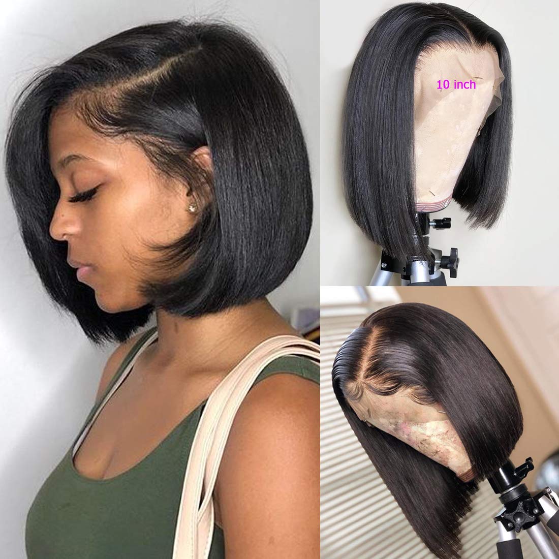 Price:$61.99     BLY Short Straight Bob Wigs Brazilian Virgin Human Hair Lace Front Wigs Human Hair (8 inch) 13x4 Lace Part 150% Density Pre Plucked with Baby Hair   Beauty