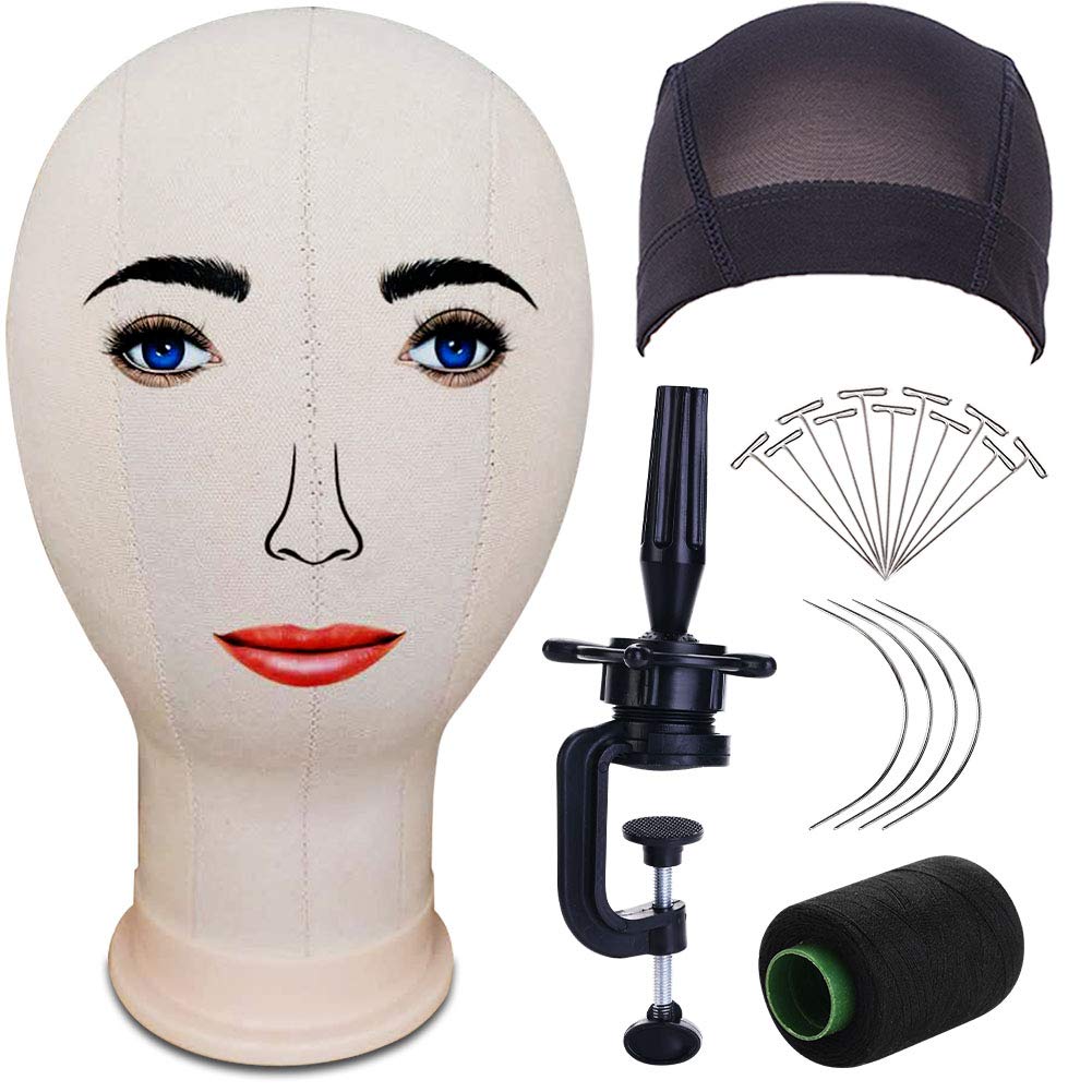 Price:$27.99     23 Inch wig head Canvas Block Head for Wigs Making Display Styling Mannequin Head+Wig Cap+T-Pins+Wig Stand +C Needles+ Hair Weave Thread   Beauty