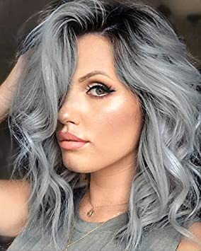 Price:$33.99     Ombre 1B/Grey Lace Front Wigs for Women 14” Curly Wavy Short Ombre Gray Synthetic Heat Resistant Hair Shoudler Length Side Parting Natural Hairline Half Hand Made Daily Wig (1B/Grey)   Beauty