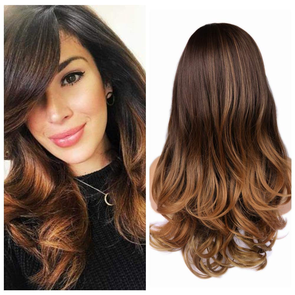 Price:$16.99     Quantum Love Wigs Ombre Brown to Light Brown Wig with Bangs Long Wavy Wig Heat Resistant Synthetic Daily Party Wig for Women   Beauty