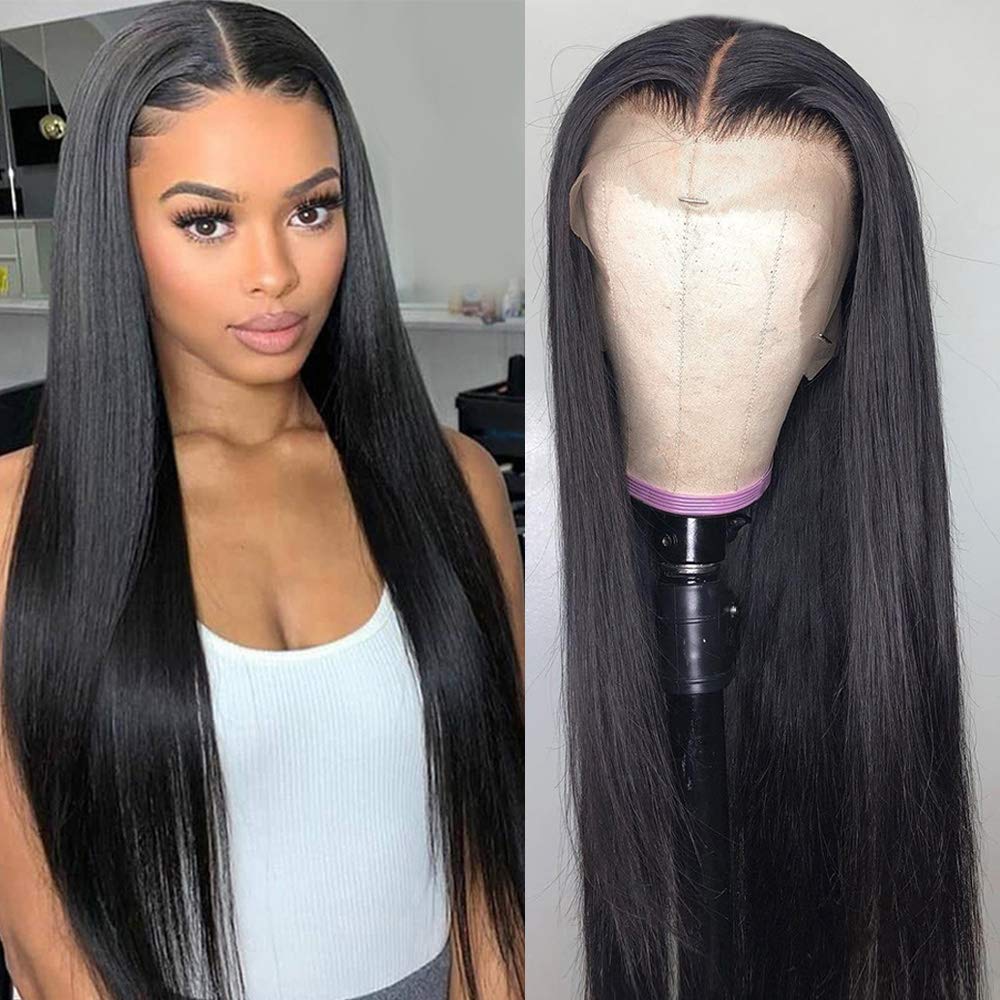 Price:$176.99     Middle Part Lace Front Wig for Black Women 28inch Straight Lace Front Wigs 13x4 Remy Brazilian Straight Human Hair Wigs Pre Plucked with Baby Hair (28inch, 13x4 lace)   Beauty
