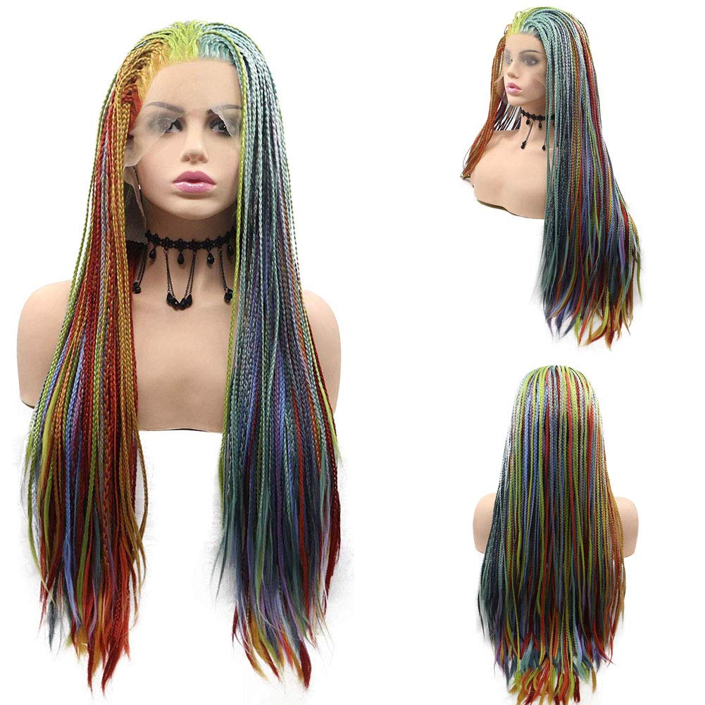 Price:$60.99     Black Friday Wigs Rainbow Box Braided Wigs Colorful Lace Front Wigs Blue Yellow Blue Red Purple Green Orange Wigs Heat Resistant Braid Synthetic Lace Wigs for Drag Queen Make Up Daily Party Wig   Beauty