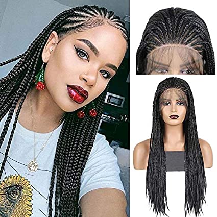Price:$64.99     RDY 180% Density Black Box Braided Wigs Pre Plucked Braids Lace Front Wigs for Black Women with Baby Hair Glueless Micro Braids Synthetic African Replacement Hair (18Inch, Black)   Beauty