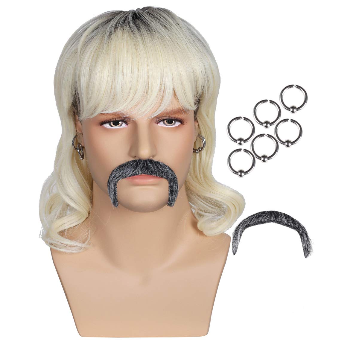 Price:$19.99    Dark Root Wig with 6 Earrings and Mustache for Men  Beauty