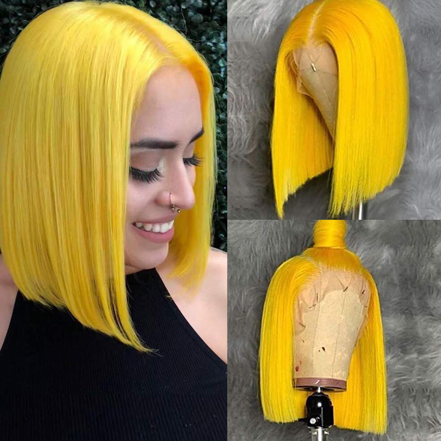 Price:$63.99     Yellow Bob Wig for Black Women 10”Pre Plucked 150% Density Straight Side Part Lace Front Wigs Brazilian Remy Human Hair Lace Wigs with Adjustable Straps Colored Hair   Beauty