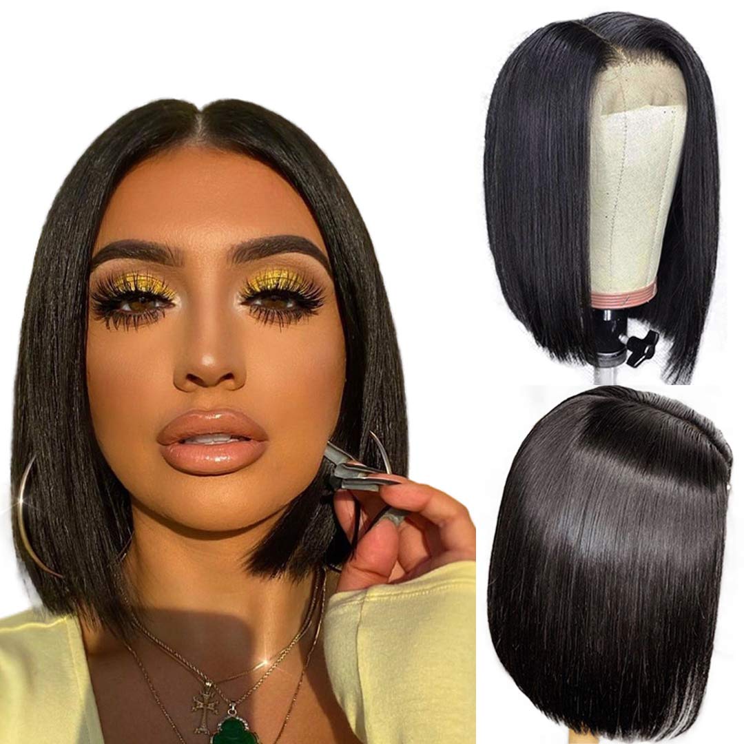 Price:$62.28    ALI GRACE Bob Wig Human Hair 4x4 Pre Plucked Bleached knots Lace Front Wig 150% Density Brazilian Virgin Human Hair Lace closure wigs 12 inch Natural Color  Beauty