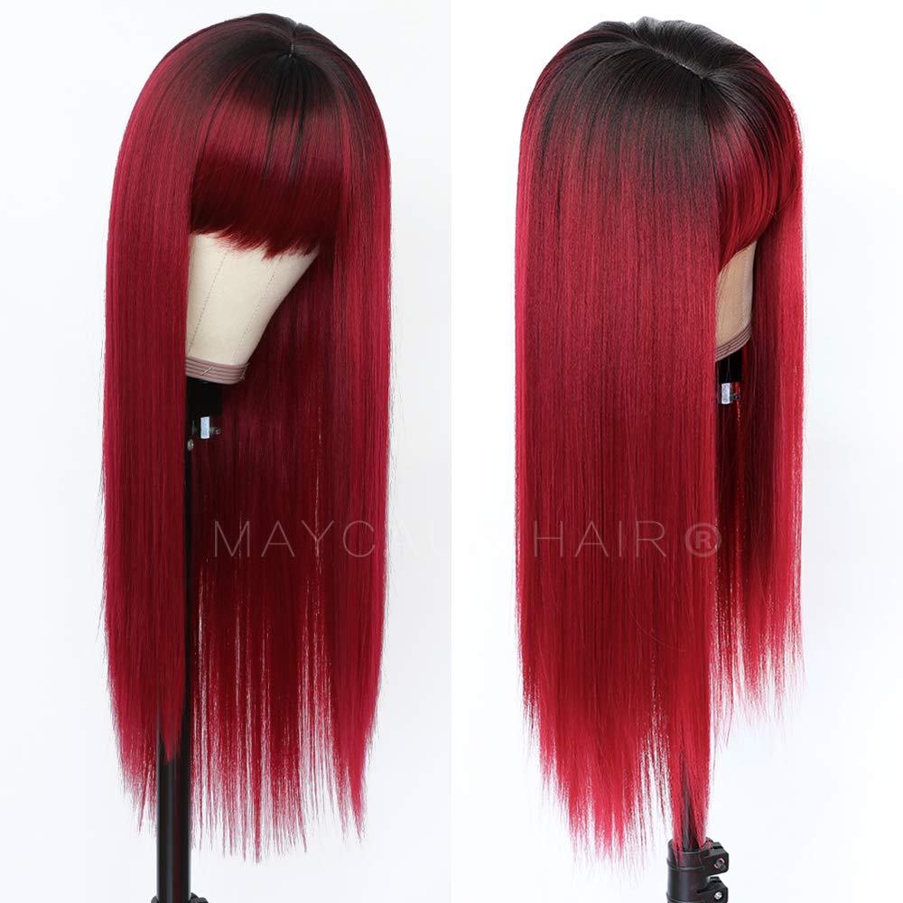 Price:$19.90     Maycaur Red Color Synthetic Hair Wigs with Full Bangs Black Red Ombre Color Long Straight Women's Wig Heat Resistant Synthetic No Lace Wigs for Fashion Women   Beauty