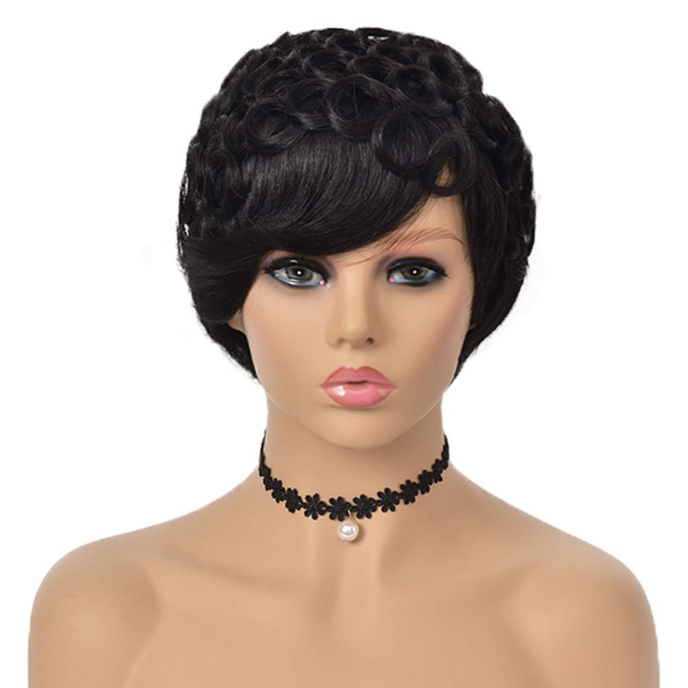 Price:$23.99    Short Curly Wigs Human Hair with Bangs Curly Pixie Cut Wigs for Women Remy Hair Wigs Natural Black Color  Beauty