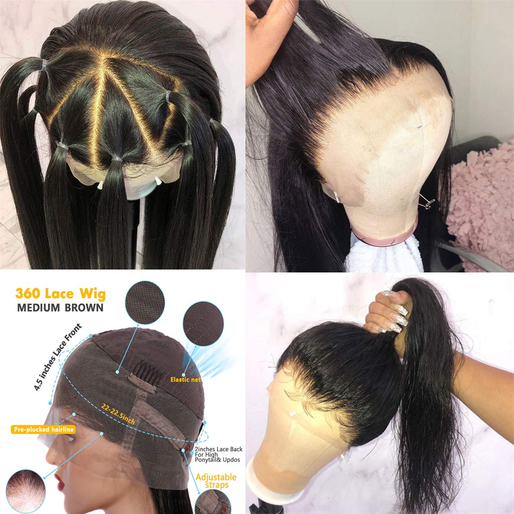 Price:$92.00     Amesha Hair 9A 360 Lace Frontal Wigs Pre Plucked with Baby Hair, 150% Density Bleached Knots Free Part Straight Brazilian Virgin Human Hair Wigs 12Inch   Beauty