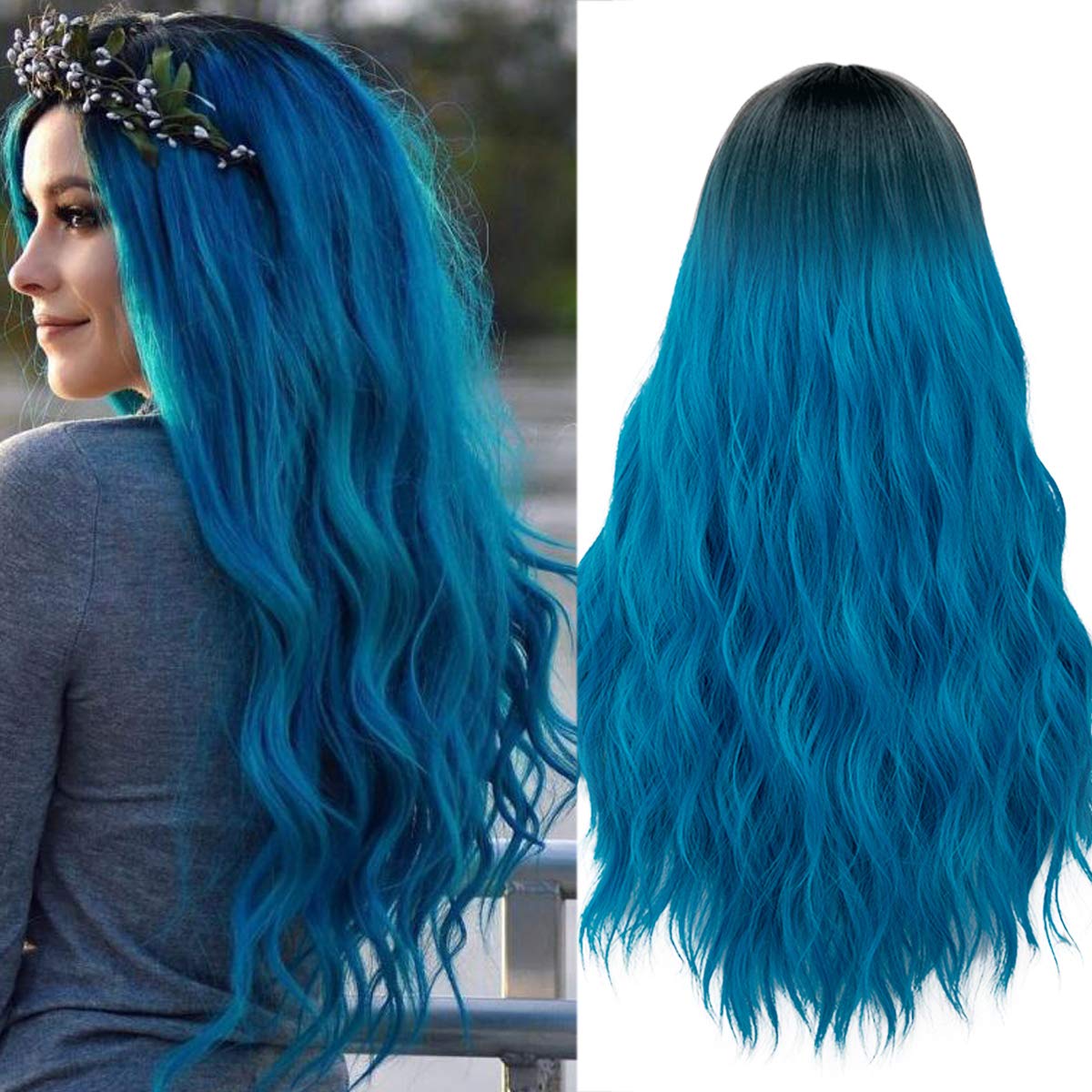 Price:$22.85     Mildiso Long Blue Wigs for Women Ombre Colorful Pastel Curly Wavy Hair Wig Cute Natural Looking Perfect for Daily Party Cosplay 052B   Beauty
