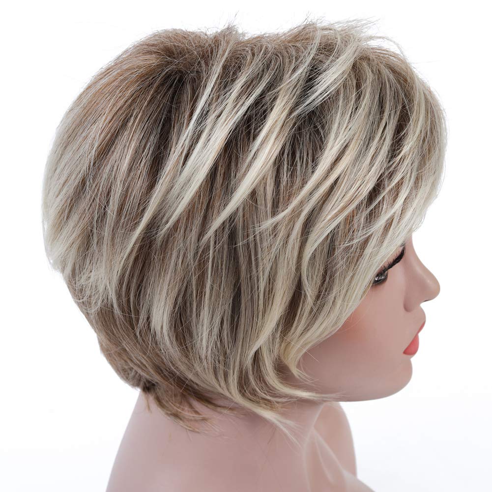 Price:$19.99     Rosa Star Short Curly Wig Ombre Brown to Blonde Hair Wigs Natural Heat Resistant Full Wig for Women   Beauty