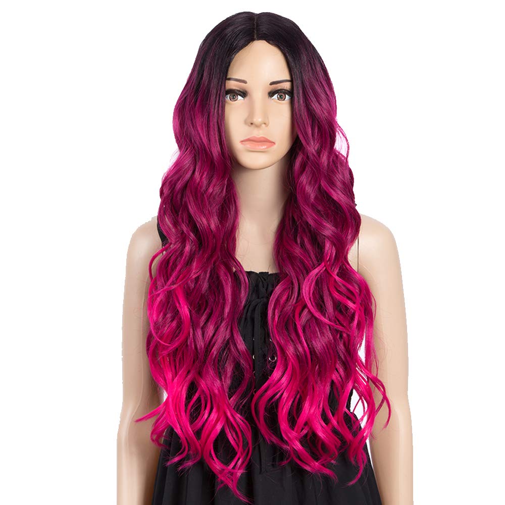 Price:$39.99    NOBLE Colorful Synthetic Lace Part Wigs for Women|27 inch Long Wavy Wig|5 inch Middle Part Pre plucked Neon Hot Pink Wig  Beauty
