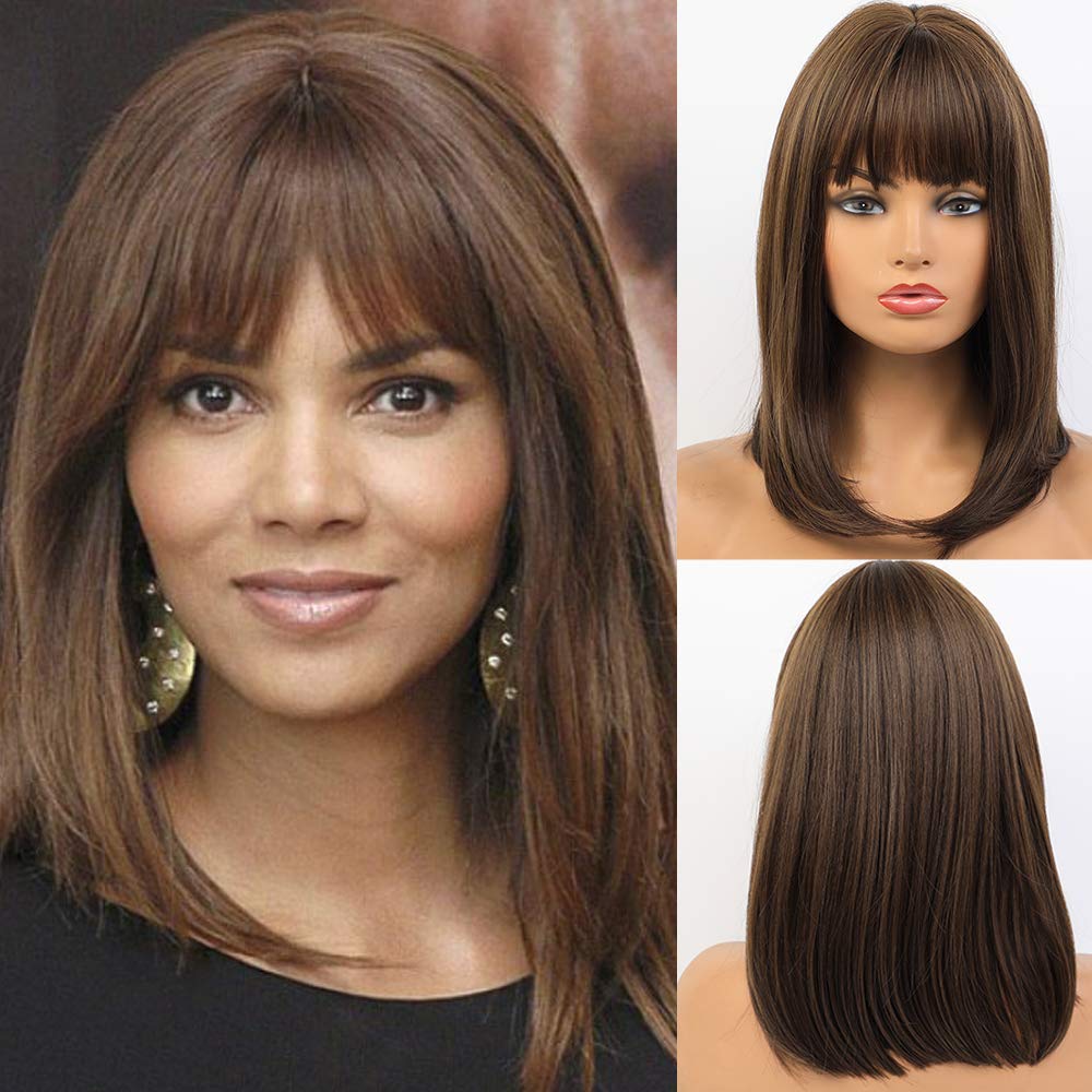 Price:$9.90     Alanhair Bob Wigs Shoulder Length Straight Brown Wigs with Highlight Wigs with Bangs Medium Length 18 Inch Synthetic Wigs for Women   Beauty
