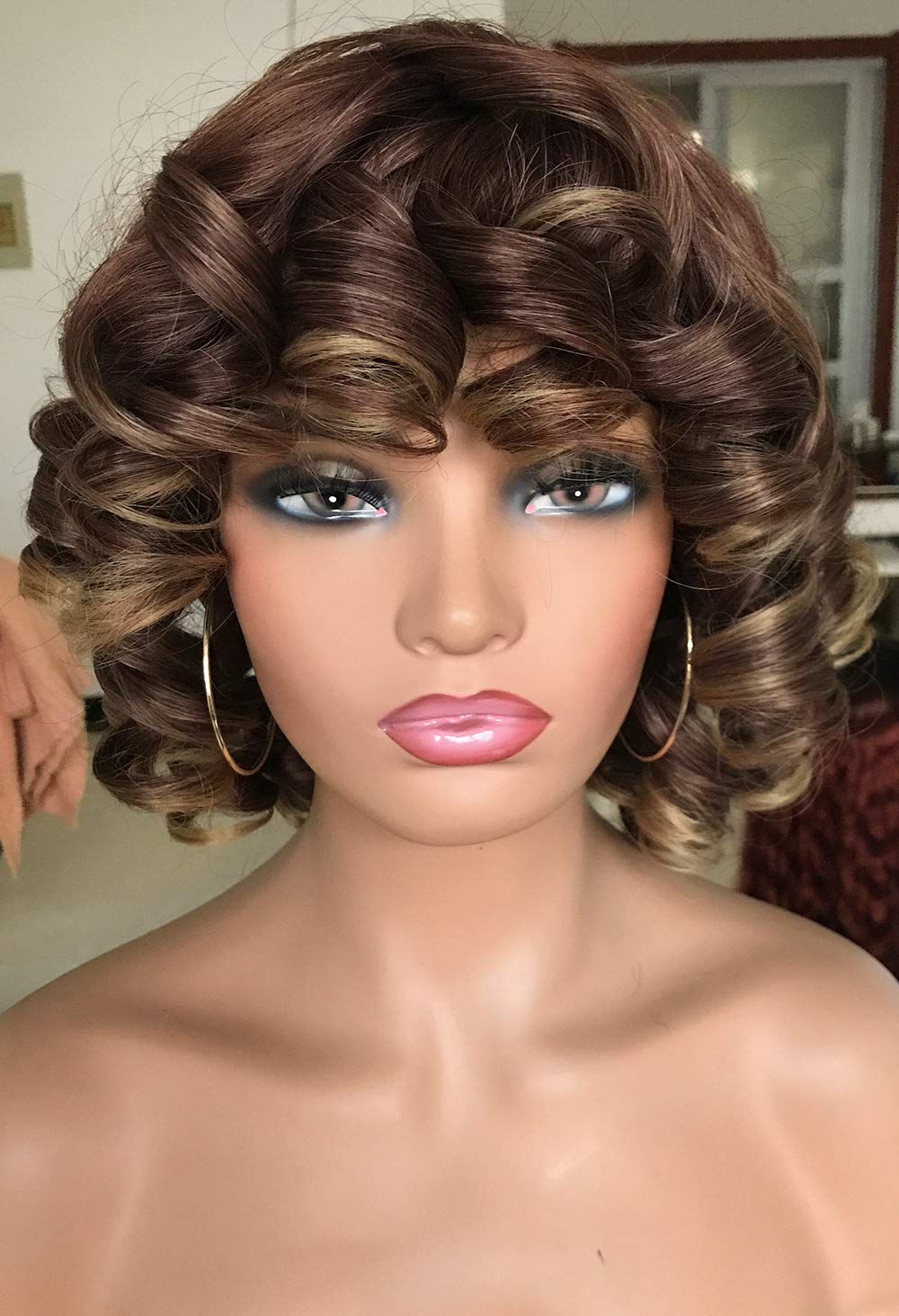 Price:$24.69     Annivia Ombre Blonde Short Curly Wig for Black Women with Bangs Big Bouncy Fluffy Kinky Curly Wig Heat Resist Soft Synthetic Short Curly Afro Wig   Beauty