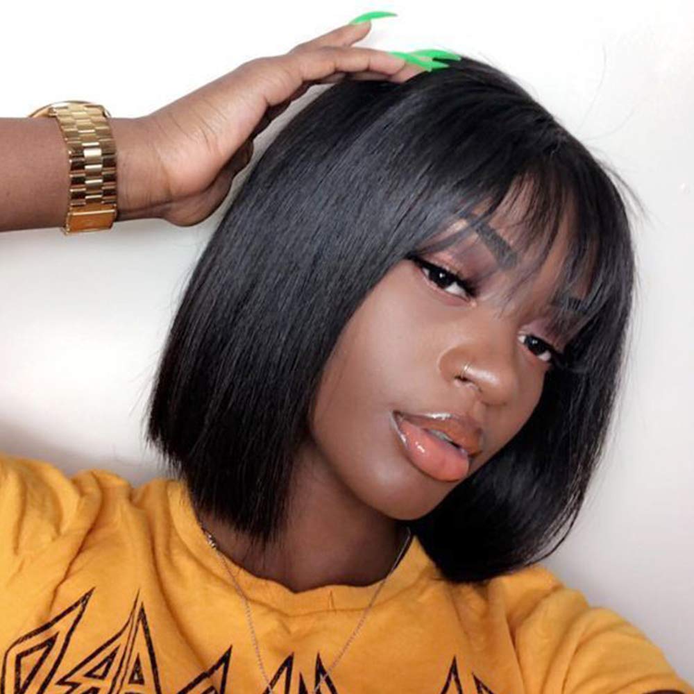 Price:$45.39     14” Short Bob Wigs Brazilian Straight Human Hair Wigs With Bangs 100% Remy Human Hair Wigs 130% Density None Lace Front Wigs Glueless Machine Made Wigs For black Women   Beauty