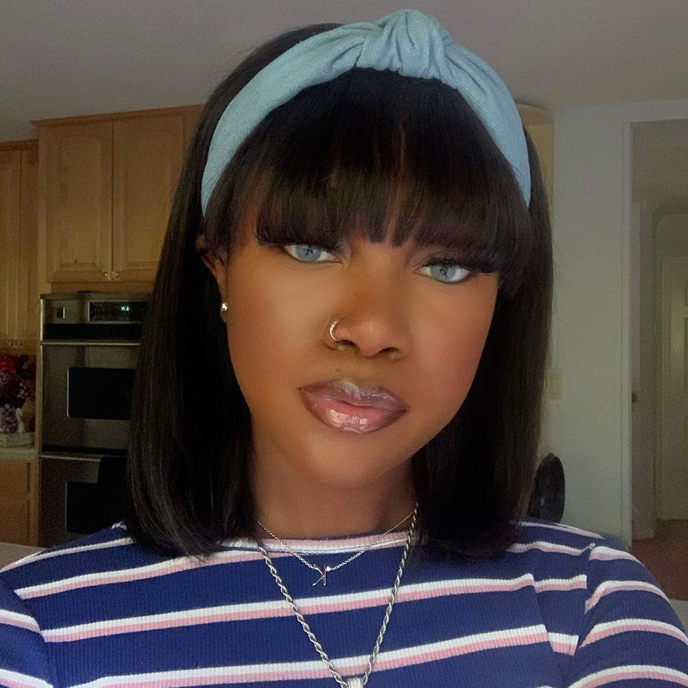 Price:$49.99     VSHOW Human Hair Wigs with Bangs for Black Women Short Bob Straight None Lace Front Wigs Human Hair 150% Density Glueless Machine Made Wigs Natural Color 10 Inch   Beauty