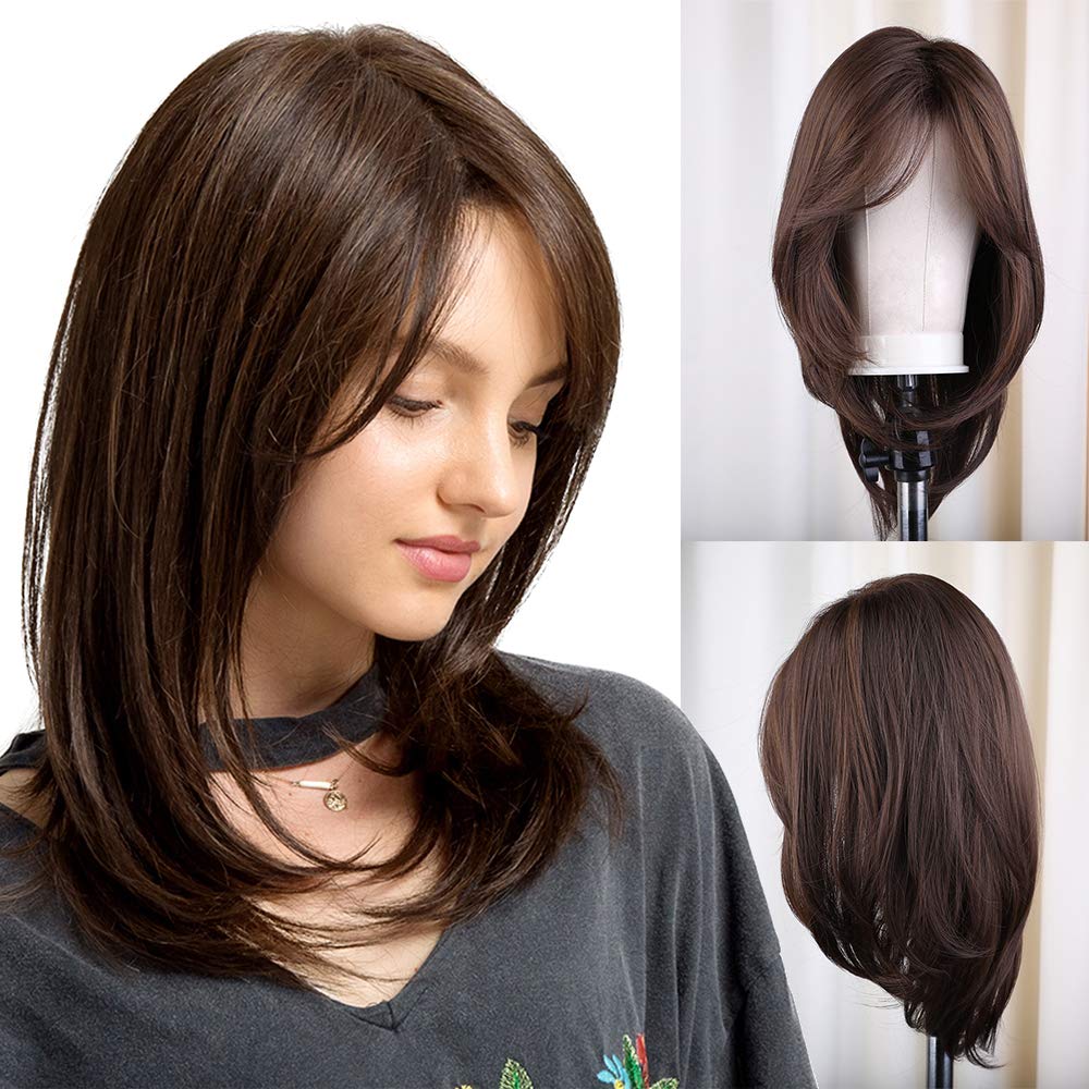 Price:$16.99    Straight Brown Wigs with Bangs Natural Headline Dark Brown Wig Synthetic Straight Wigs Cosplay Party Replacement Wigs for Women  Beauty