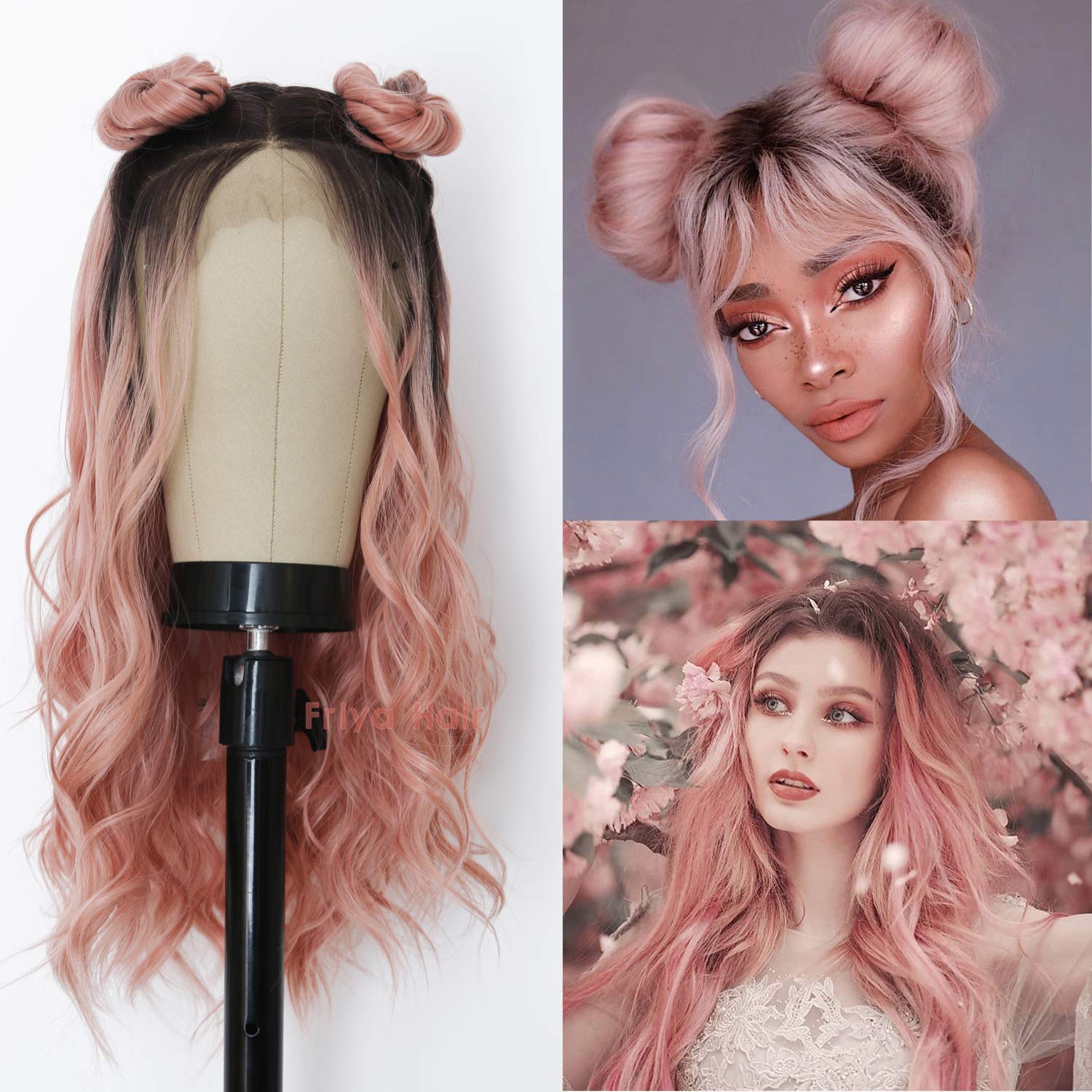 Price:$43.88     Friya Hair Dark Rooted Ombre Pink 2 Tone color Lace Front Wigs Long Deep Curly Loose Wave Wig Synthetic Heat Resistant Fiber Hair Glueless lace Wig With Baby Hair Natural Hairline for Women 24 Inch   Beauty