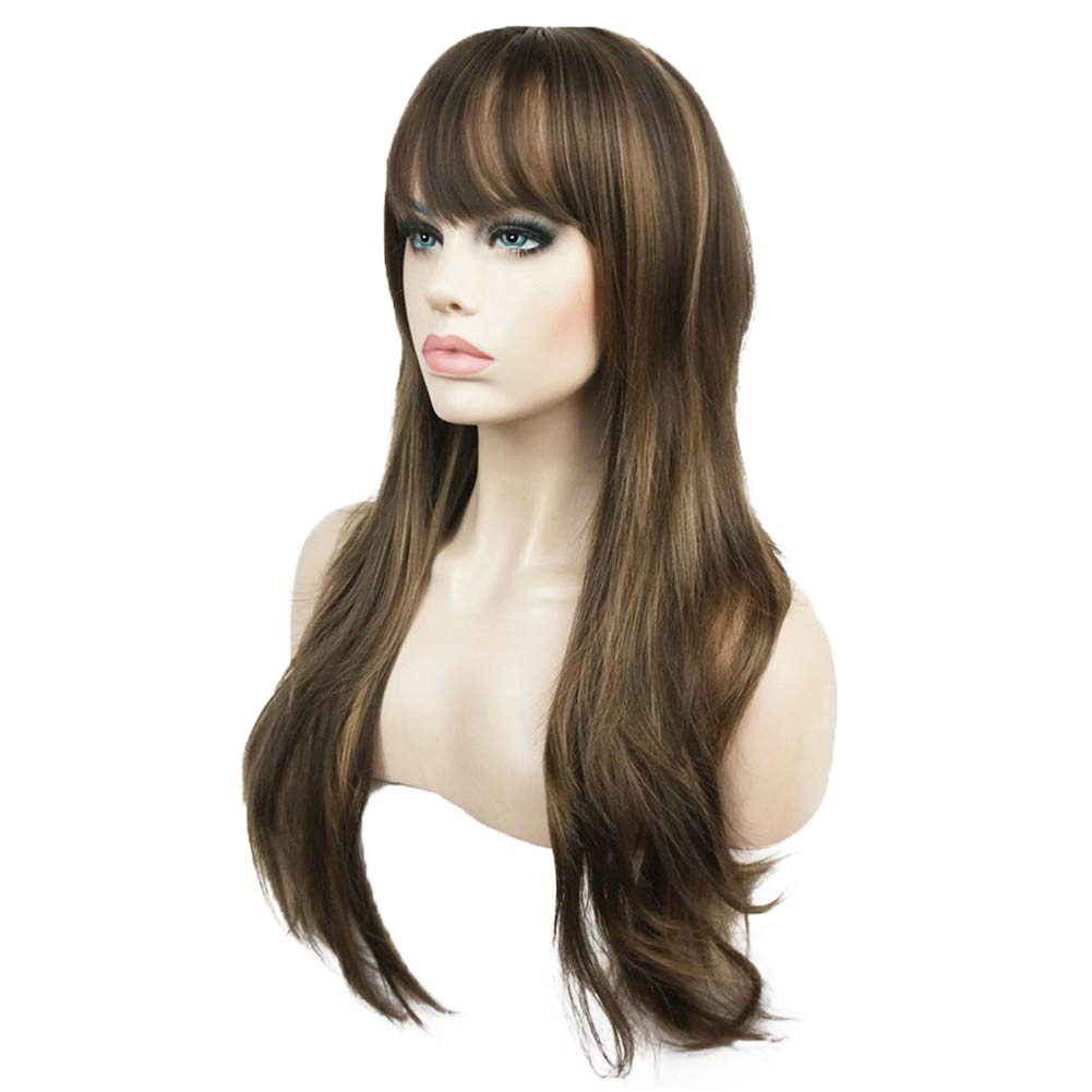 Price:$20.99     Aimole Women's Wig Long Straight Layered Wig Brown with Blonde Highlights Synthetic Full Wigs 24 Inches   Beauty