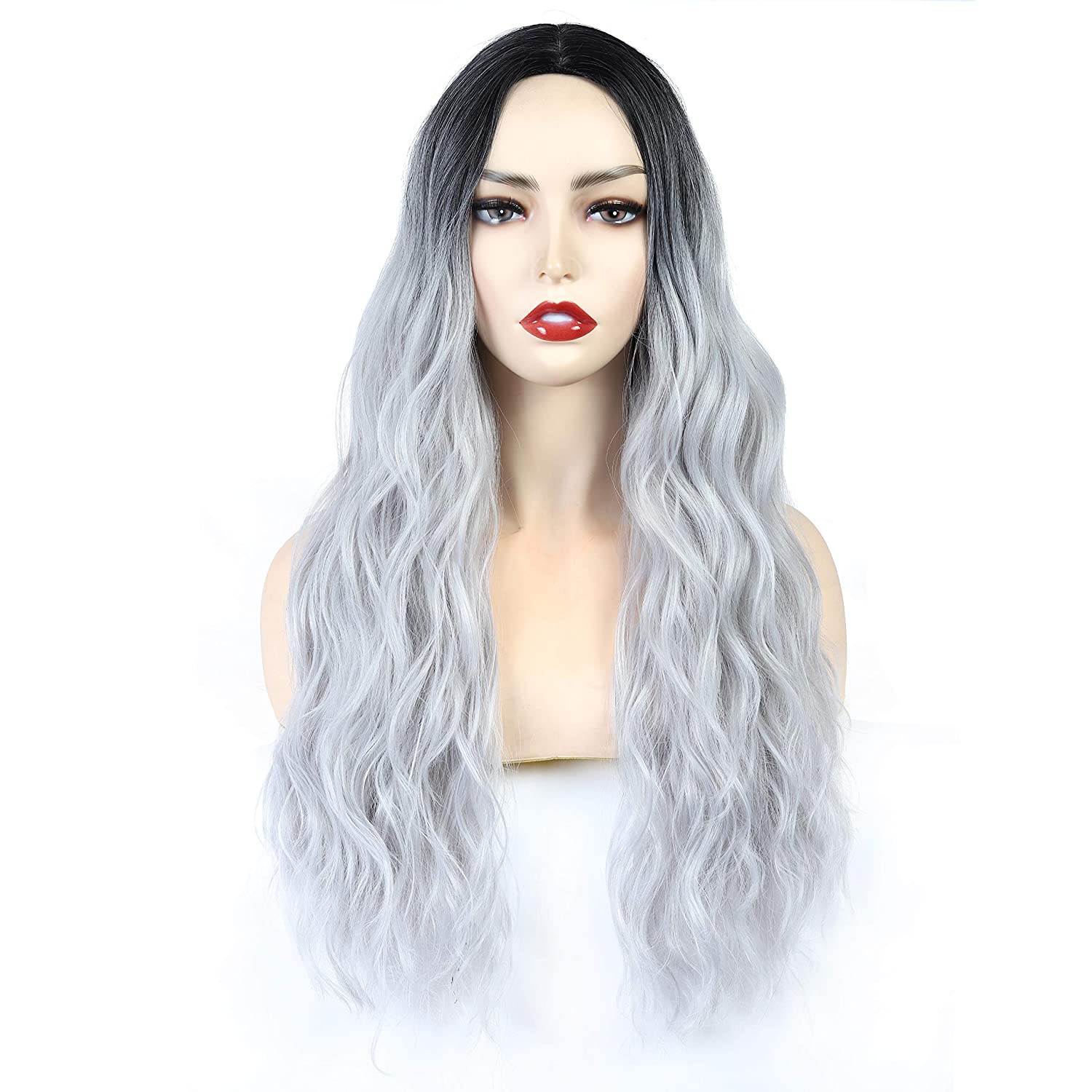 Price:$19.89     VROOSAR Natural Long Curly Wavy Wig Silver Black Ombre Heat Resistant Synthetic Wig For Women Party Cosplay Halloween Costume Wig For Girls-26", Silver Black   Beauty