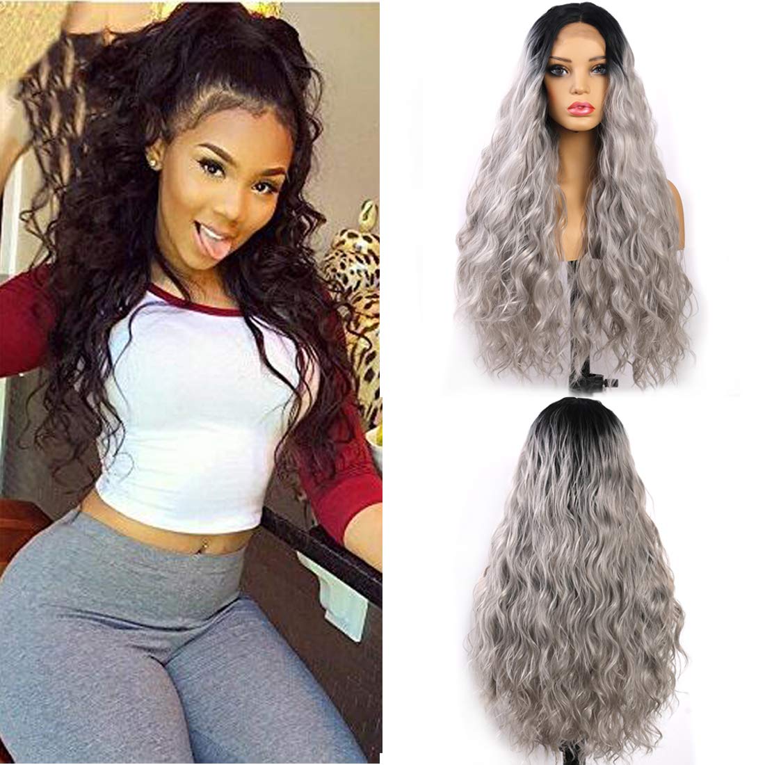 Price:$39.99     Glueless Lace Front Wigs Black Ombre Silver Grey Color Long Natural Water Wave Synthetic Lace Wigs For Women Natural Hairline Heat Resistant Fiber Hair 22inch   Beauty