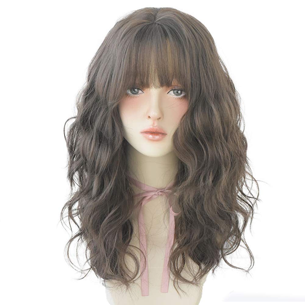 Price:$17.99     HUAISU Long Brown Wavy Wig with Bangs Synthetic High Density Natural Long Hair Wig Full Wig for Women Cosplay Curly Wig (21inch, Cold brown)   Beauty